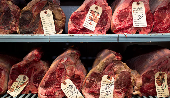 Cuts of beef in a cooler. US prices for prime cuts of beef have skyrocketed in recent years