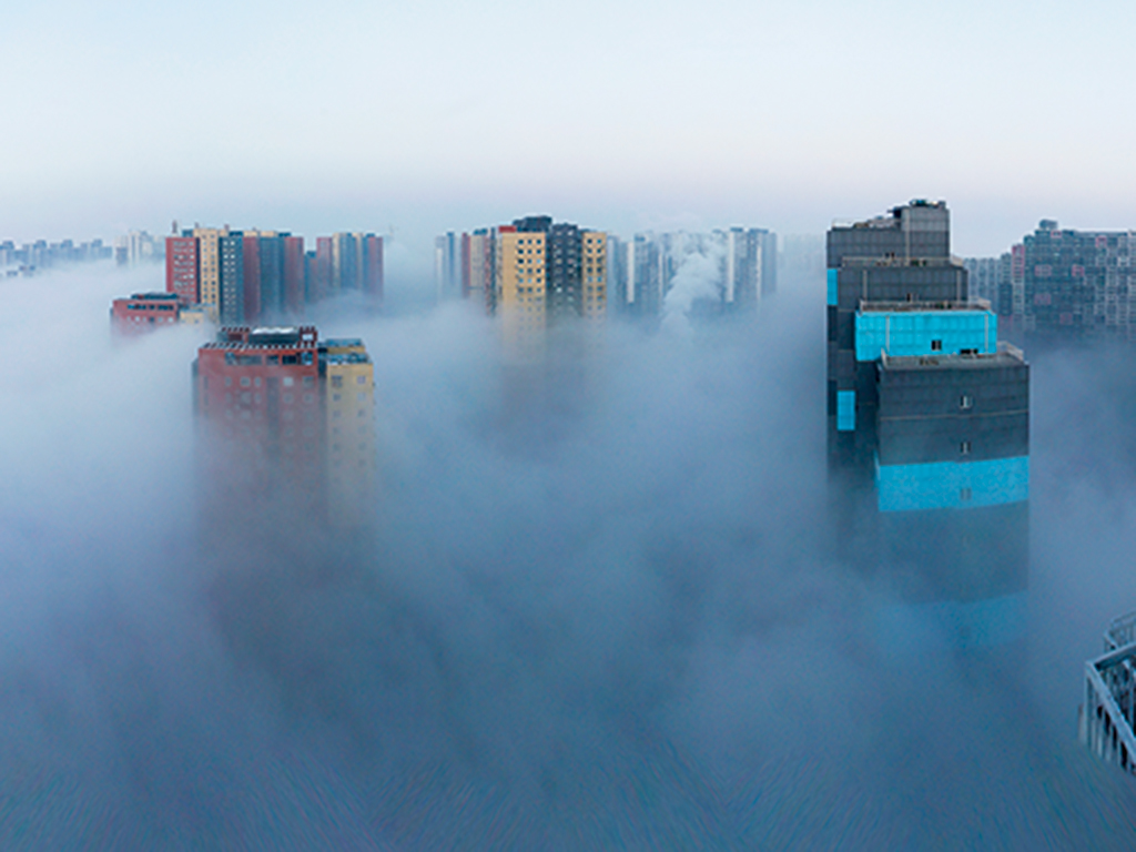 Buildings shrouded in smog in Beijing, China