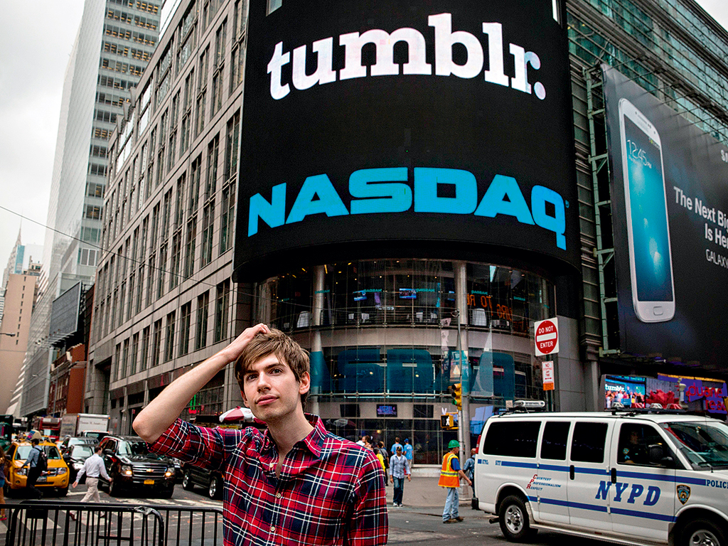 David Karp, founder of the micro-blogging site Tumblr, stands in Times Square, New York City