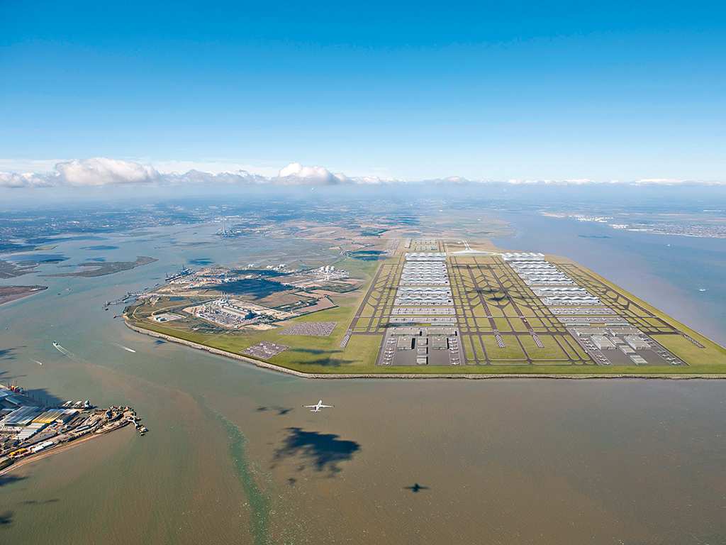 An aerial view of the proposed hub airport in the Thames Estuary, London