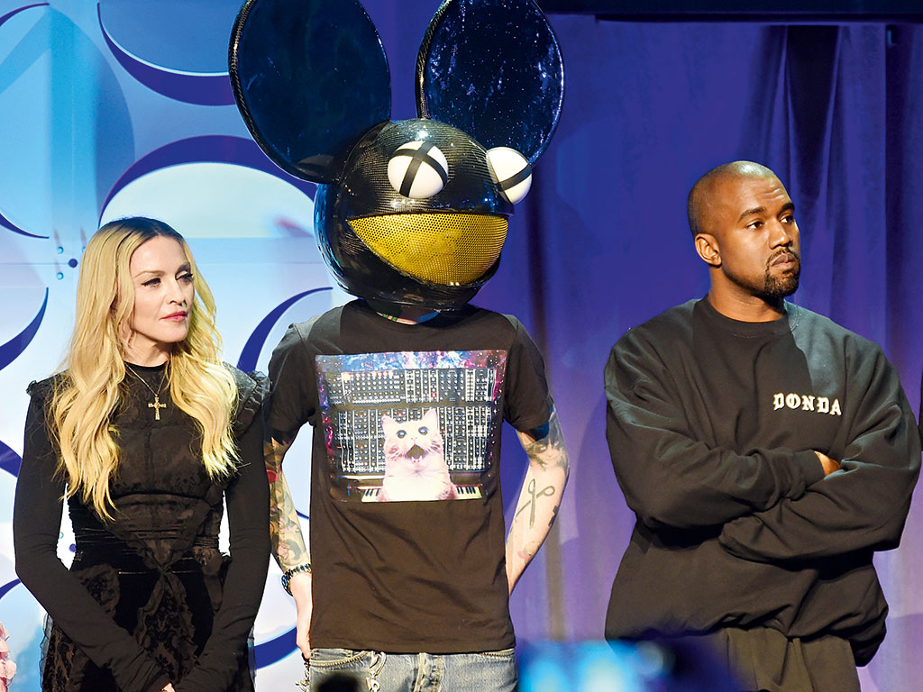 Madonna, Deadmau5 and Kanye West (l-r) at the Tidal launch event