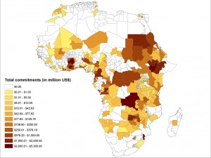 Fig. 1: This map shows the amount of Chinese development finance given to all subnational administrative regions within Africa. Source: AidData 