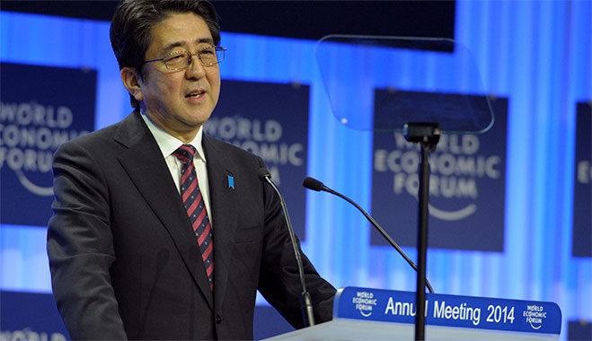 Japanese Prime Minister Shinzo Abe discusses Japan's relationship with China today at the World Economic Forum meeting in Davos