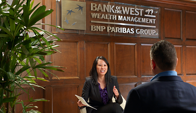 Meeting with clients in a Bank of the West Wealth Centre. The advisory group believes that by focusing outwards, on international markets, investors can maximise returns on their portfolios