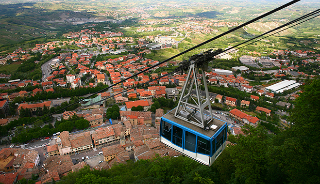 A cable car ascends into the medieval centre of San Marino. Despite the republic's small size, its banking sector is having a significant impact internationally
