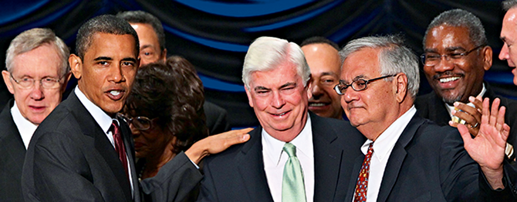 Barack Obama greets former-representative Barney Frank (right) and former-senator Chris Dodd (centre) after signing the Dodd-Frank Wall Street Reform and Consumer Protection Act