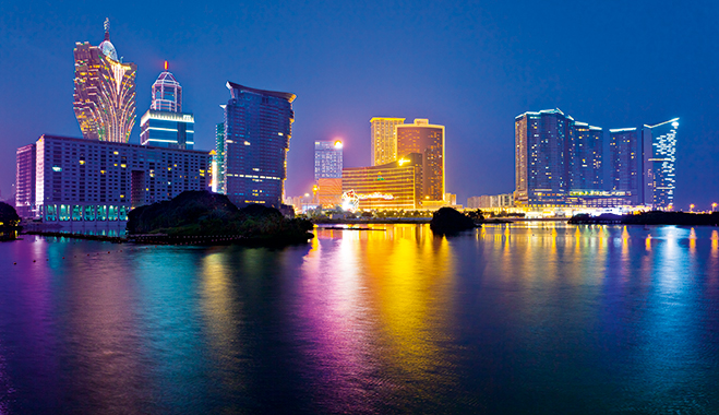 Macau at night. It is the largest gaming city in the world in terms of revenues, attracting more than 30 million visitors a year
