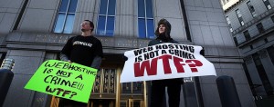 Protestors stand outside court where Ross Ulbricht, 'Dread Pirate Roberts' was found guilty of seven charges, including narcotics-traffiking conspiracy. He was also accused of ordering the assassination of a Silk Road user