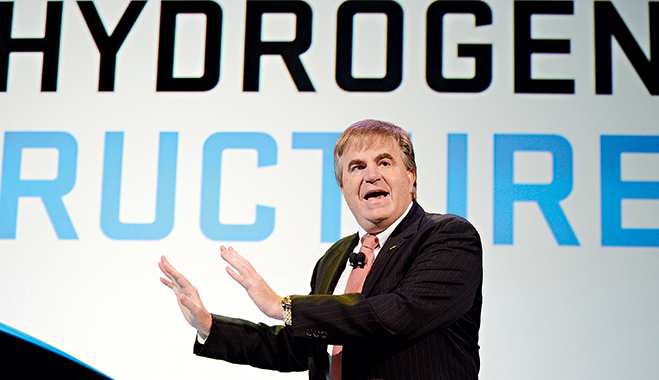 Toyota's senior vice president Bob Carter at a press event discussing the company’s involvement with hydrogen-based development