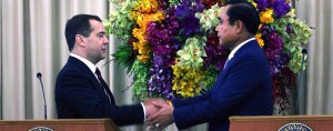 Russian prime minister Dmitry Medvedev (left) shakes hands with Thailand's Prayuth Chan-ocha (right). As Russia's ties with the West diminish, it is increasingly looking to Asia for strength