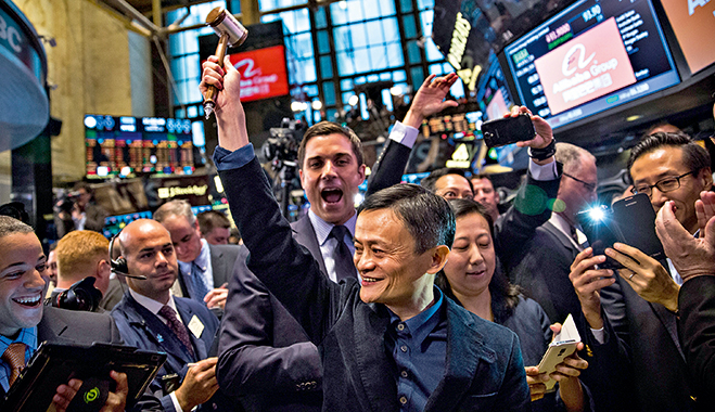 Jack Ma celebrates as the Alibaba stock goes live during the company’s initial public offering at the New York Stock Exchange