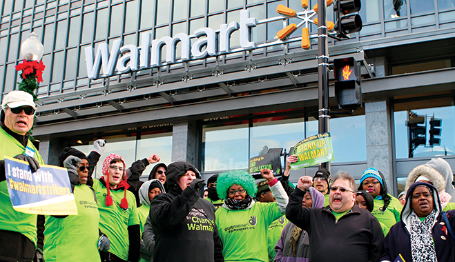 Protesters demanding higher wages at a Walmart store in Washington last year