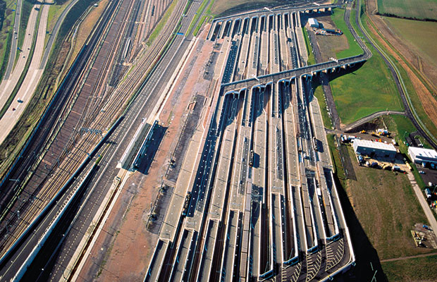 The Channel Tunnel lorry terminal. The project was 80 percent over budget for construction