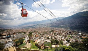 The poor neighbourhoods of Medellin, Colombia, at the foot of the mountains, are linked to the centre by cable car