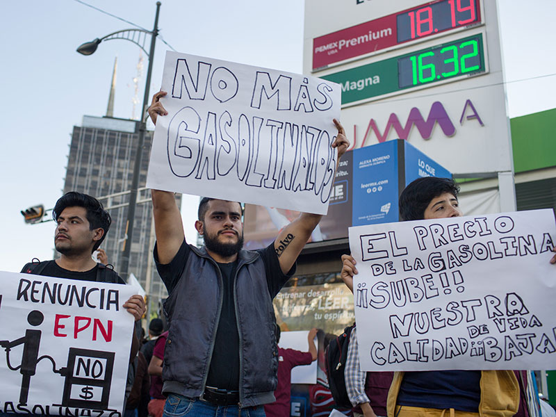 Mexican citizens protest the recent gas and diesel price hikes. According to the government, fuel prices have been deregulated for the long-term wellbeing of the nation