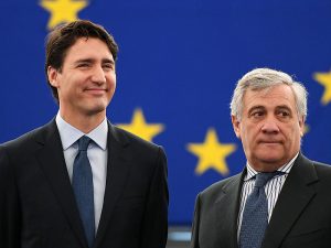 Canadian Prime Minister Justin Trudeau and European Parliament President Antonio Tajani. The European Parliament has recently approved the EU-Canada CETA trade deal