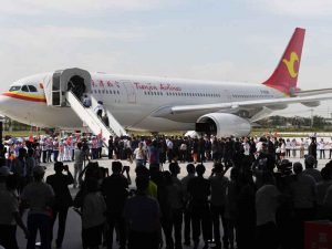 The first Airbus A330 plane was delivered to China at the opening of the company's original completion centre in Tianjin