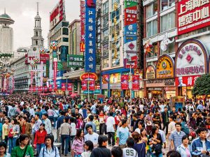 Nanjing Road in Shanghai. Crowds are common in Chinese cities, as the country has a population of almost 1.5 billion