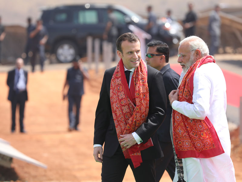 French President Emmanuel Macron and Indian Prime Minister Narendra Modi at the opening of the new solar power plant in Mirzapur, India