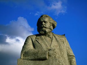 Karl Marx's statue stands at Teatralnaya Square, Moscow