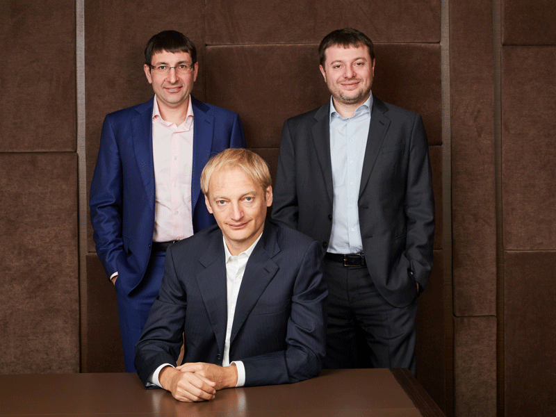(L-R) Dmitry Gusev, CEO and co-owner; Dmitry Khotimskiy, co-owner; and Sergey Khotimskiy, First Deputy CEO and co-owner of Sovcombank