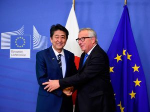 Japanese Prime Minister Shinzo Abe and European Commission President Jean-Claude Juncker meet at the European Council in Brussels in October