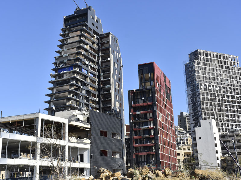 A view of damaged buildings in the Lebanese capital following the warehouse explosions that took place on the 4th August, 2020