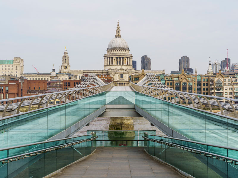 St Pauls Cathedral and an empty Millennium bridge during the pandemic lockdown in London, April 2020