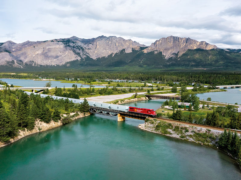 A Canadian Pacific train traversing the Canadian Rocky Mountains