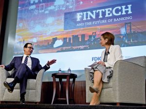 Jelena McWilliams (right) Chairman of the Federal Deposit Insurance Corporation during a conference on fintech